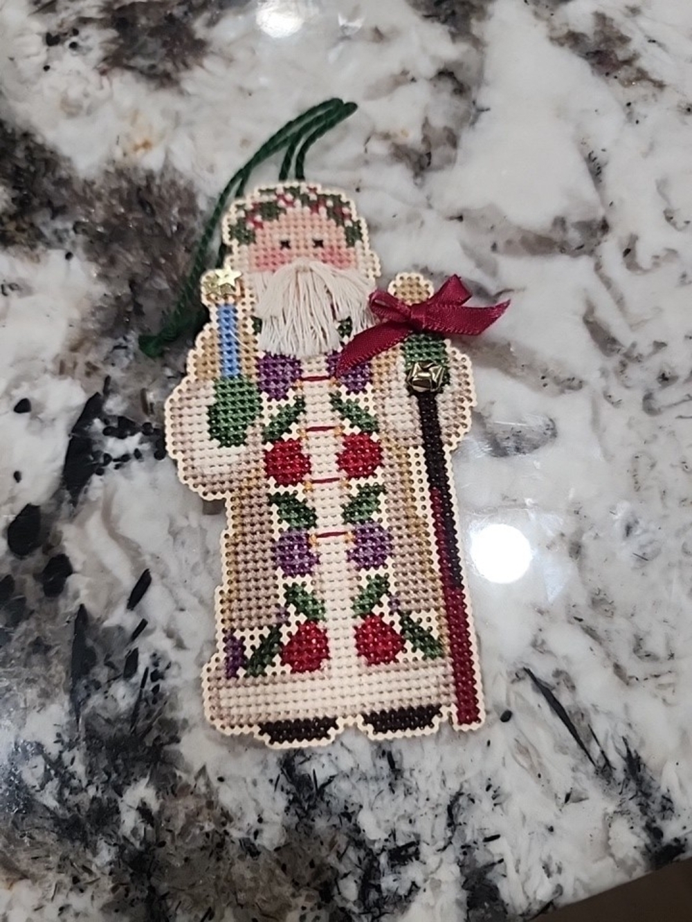 Handmade Cross-Stitch Santa Ornament with Red & Green Accents